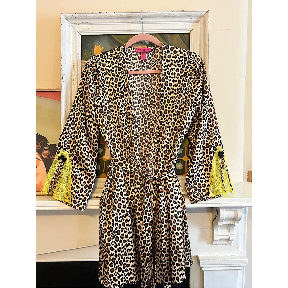 Betsey Johnson Intimates Leopard Print Neon Lace Sleeve Silk Robe